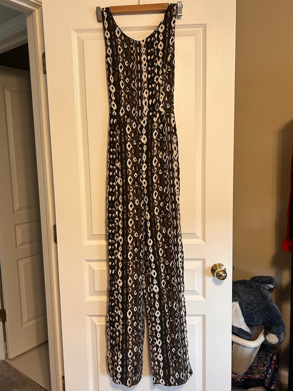 Brown, Black & White Print Women's Open Back Jumpsuit